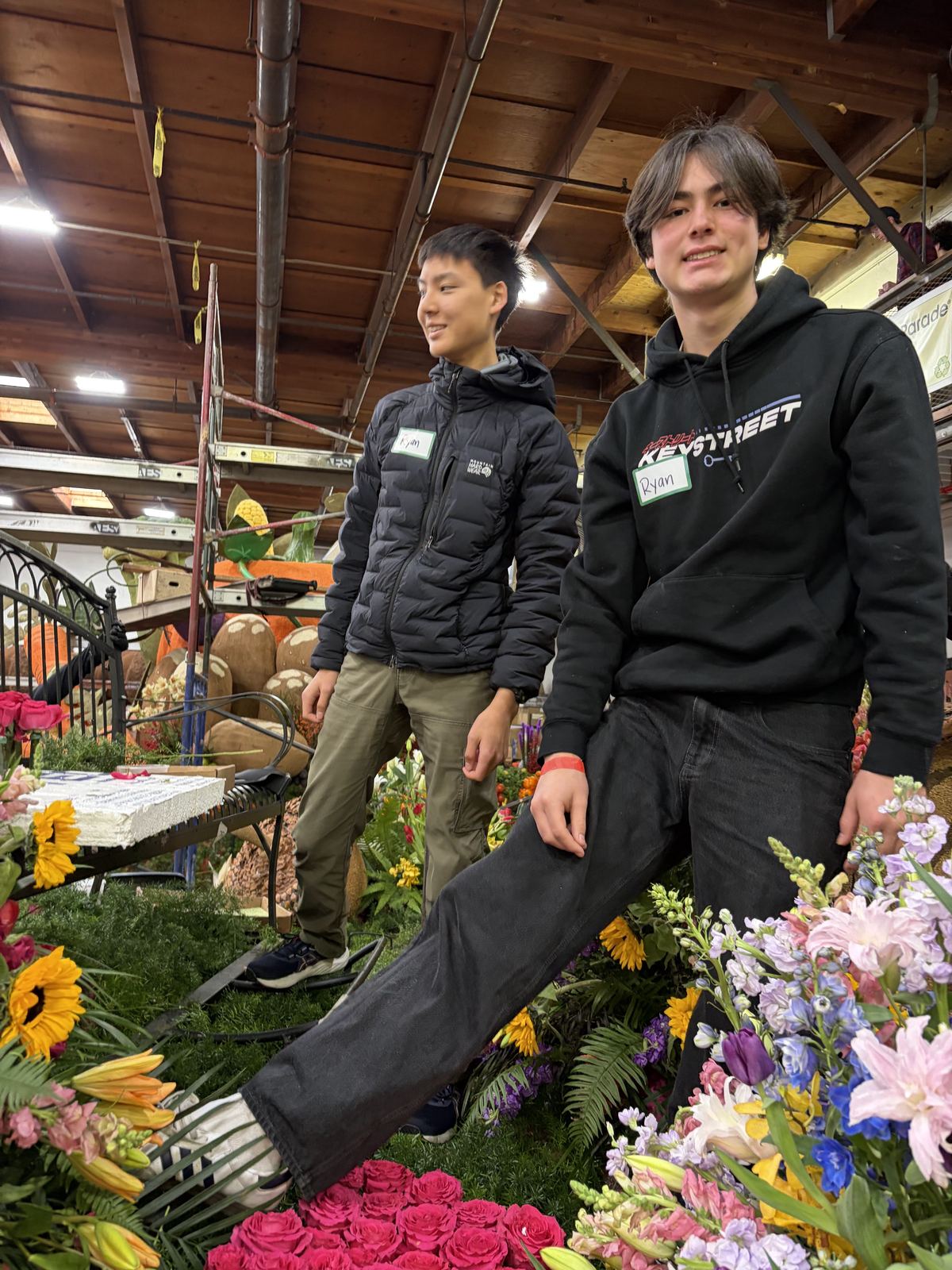 Decorating a Rose Parade float